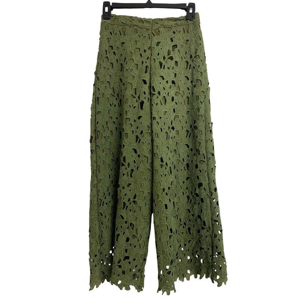 Olive Green Boho  Floral Coastal  Lace Wide Leg Culotte Pants Elastic Waist Boho